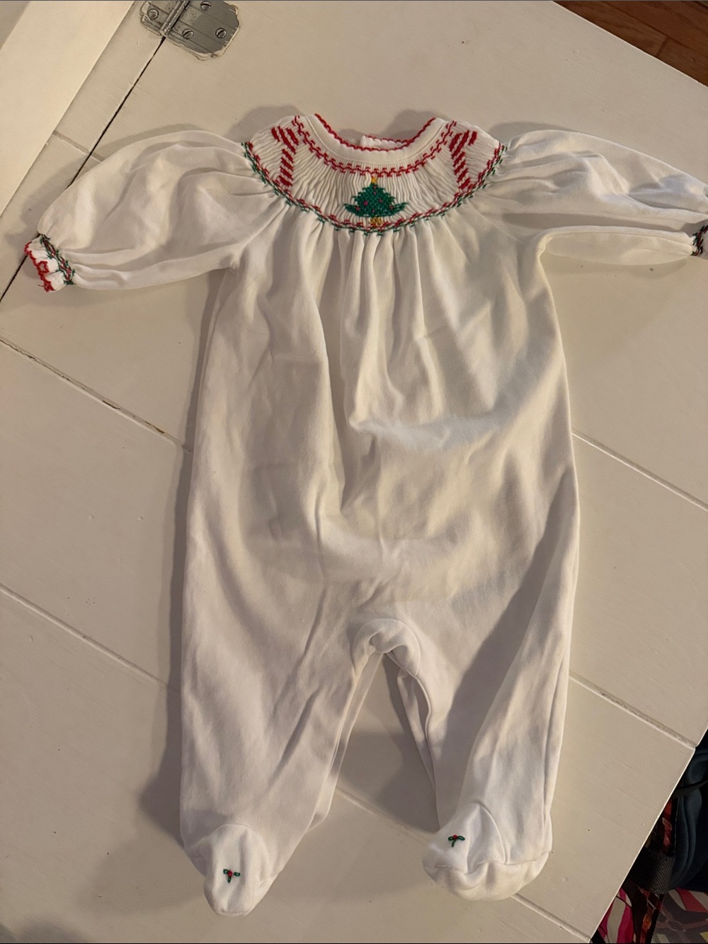 Classic White Smocked Baby Footie with Red & Green Trim